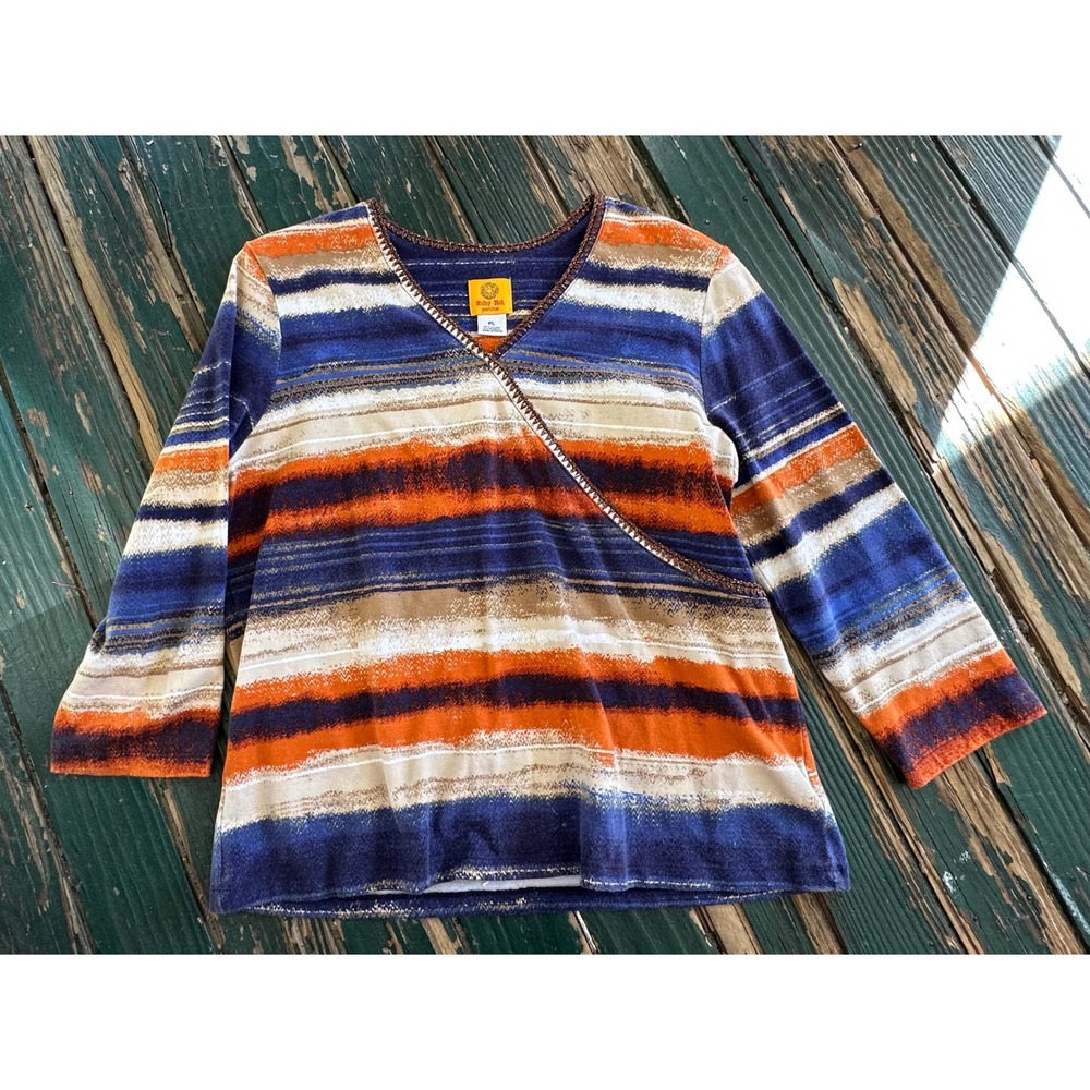 Ruby Rd Petite Striped Faux Wrap V-Neck Top Blue Orange PL